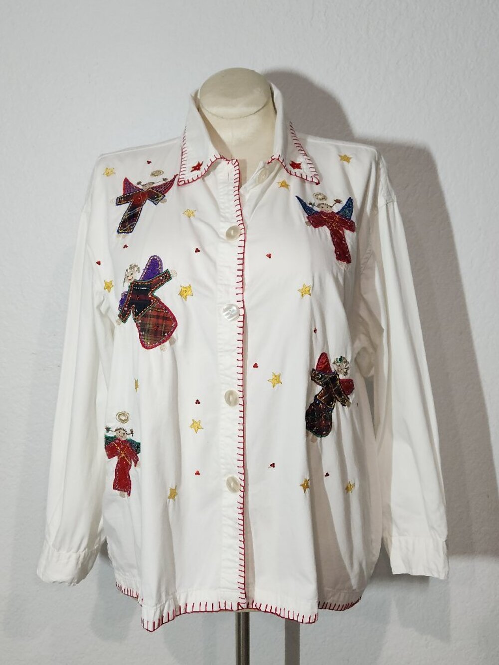 VTG 90s Life Style Christmas novelty button down shirt embroidered angels